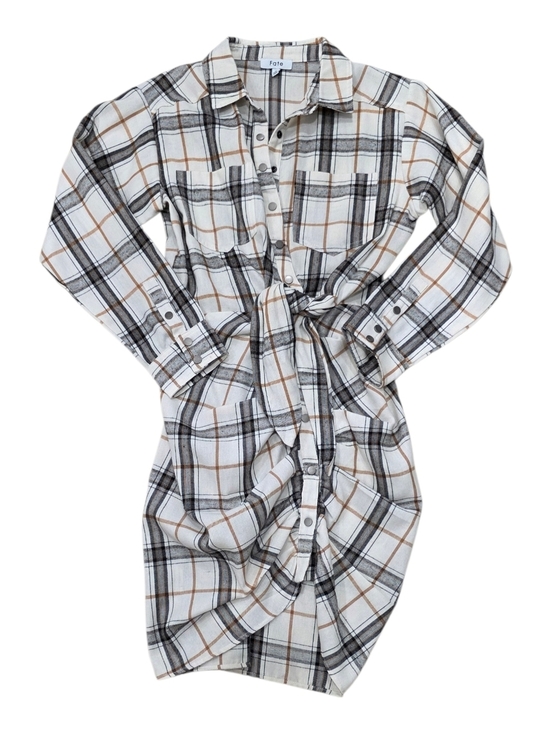 Fate Dresses & Skirts - Fate Beige Plaid Button-Front Ruched Shirt Dress S